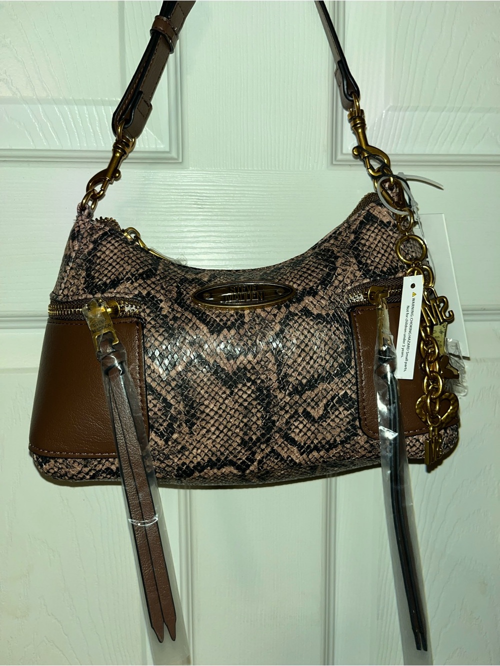 Steve Madden Brown Snake-Print Shoulder Bag with bag charm!